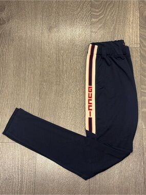 Gucci Leggings Pants Navy with Cream and Red Logo Stripe